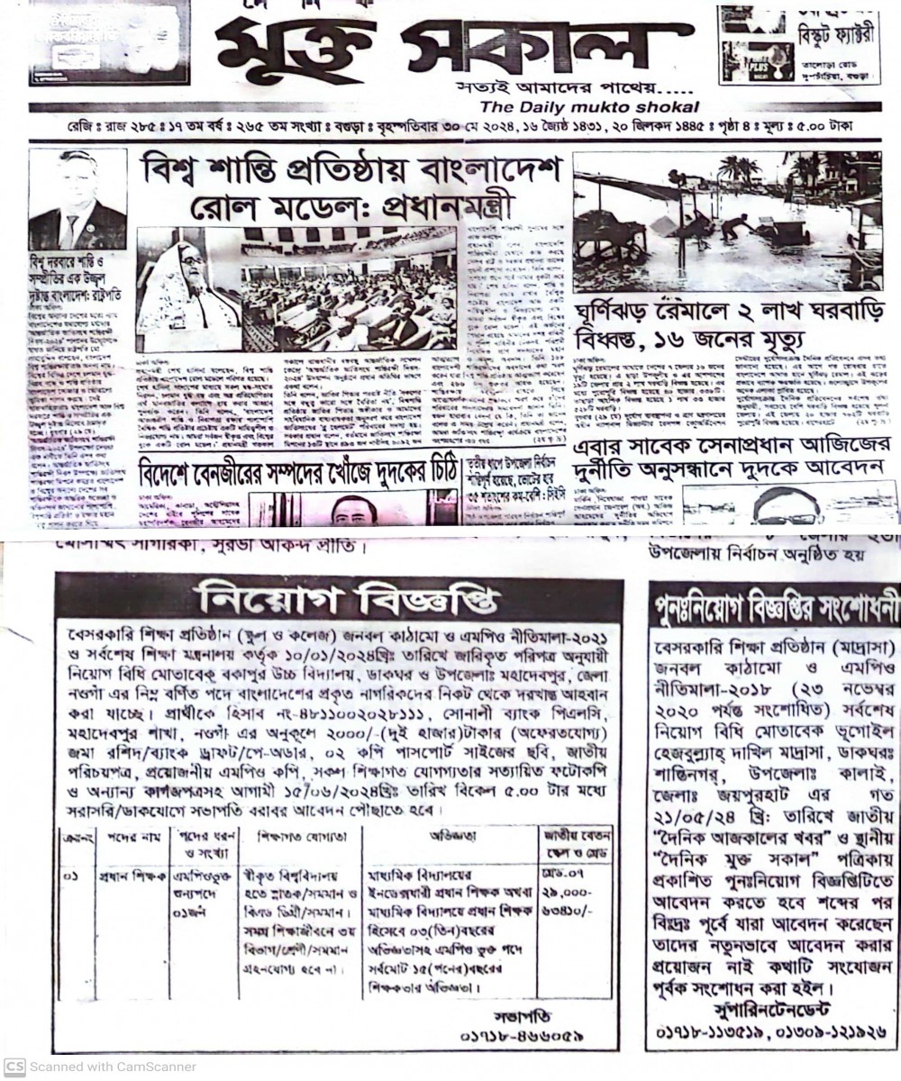 প্রধান শিক্ষক পদে নিয়োগ বিজ্ঞপ্তি।