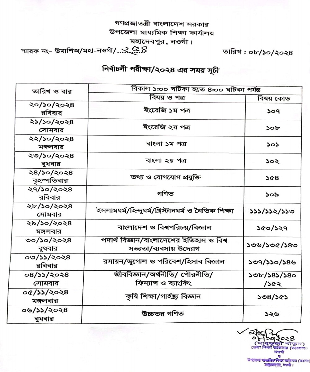 নির্বাচনী পরীক্ষা-২০২৪ এর রুটিন।